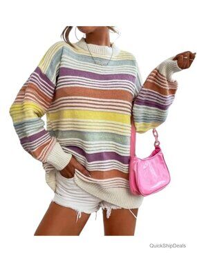 CHARTOU Contrast Striped Oversized Knit Pullover Sweater Fall Jumper